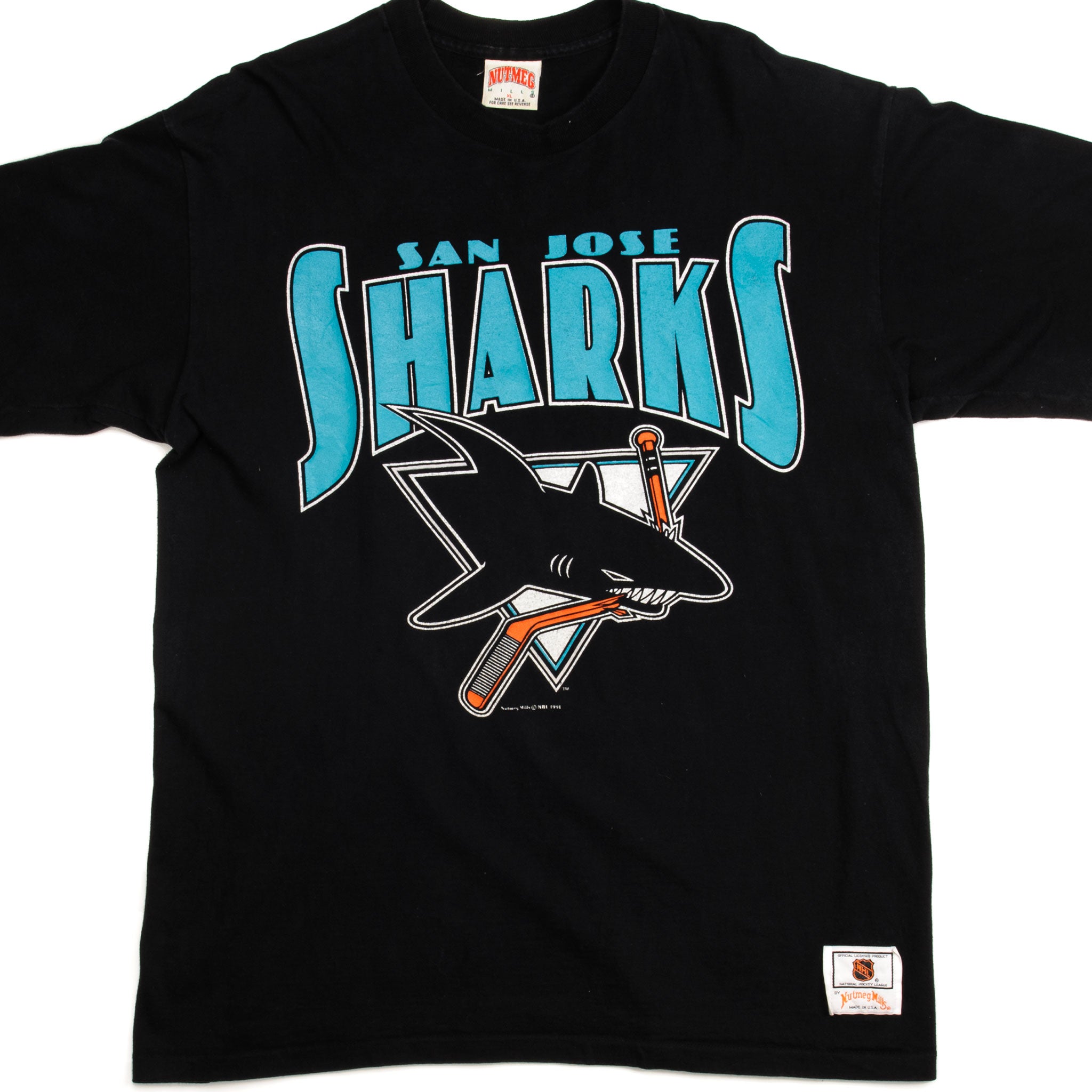 Vintage 1991 San Jose Sharks NHL XL T- Shirt Nutmeg Mills USA Single  Stitch🦈