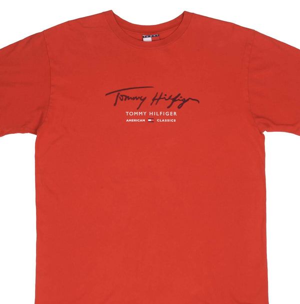 Vintage Tommy Hilfiger Spellout Red Tee Shirt 1990S Size Medium