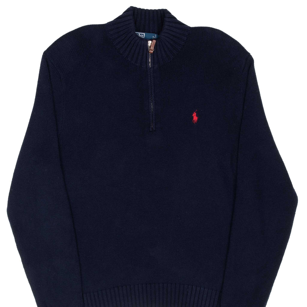 Vintage Polo Ralph Lauren Navy Blue Knit Quarter 1/4 Zip Sweater 1990S Size Large