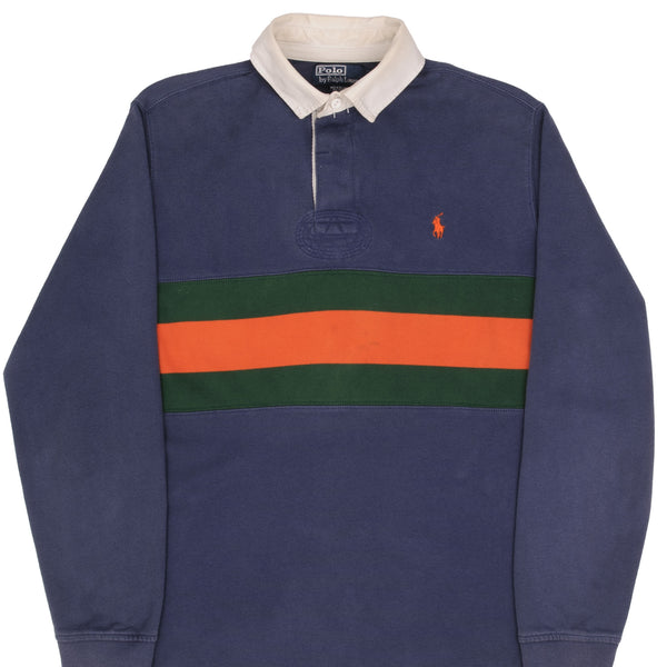 Vintage Ralph Lauren Blue Green Orange Striped Rugby Polo Shirt 1990S Size Medium