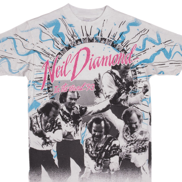 Vintage All Over Print Neil Diamond In the Round 93 Tee Shirt Size Large with single stitch sleeves