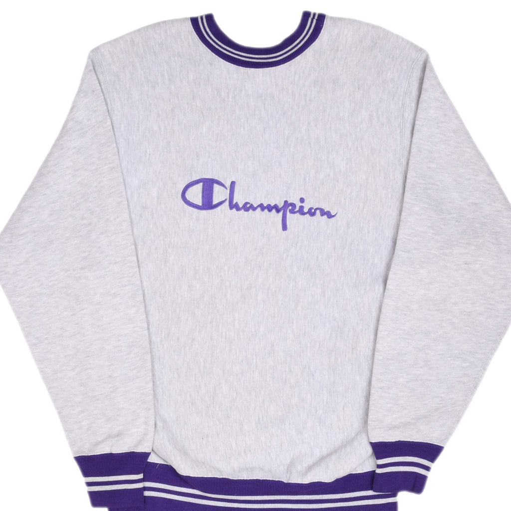 Vintage Champion Reverse Weave Spellout Grey and Purple Sweatshirt 1990S Size Large Made In Usa