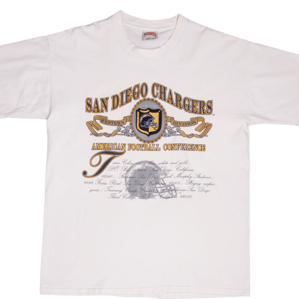 Vintage NFL San Diego Chargers Embroidered Nutmeg Tee Shirt 1990s Size XL Made In USA With Single Stitch Sleeves