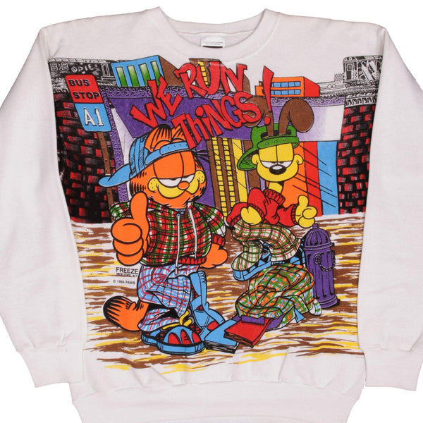 SUDADERA VINTAGE CON ESTAMPADO COMPLETO DE GARFIELD DE FREEZE NEW YORK, 1994, TALLA GRANDE