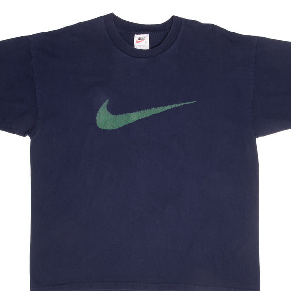 Vintage Nike Big Green Swoosh Navy Blue Tee Shirt Late 1990s Size XL Made In USA.