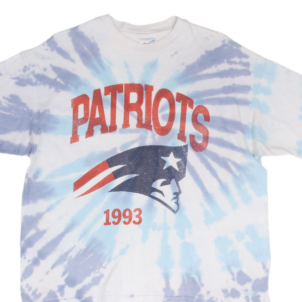 Vintage Tie Dye NFL New England Patriots Tee Shirt 1993 Size XL Made In USA With Single Stitch Sleeves.