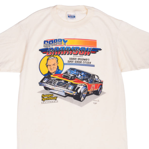 Vintage Gabby Garrison Stock Car Racing 1986 Ivory Tee Shirt Size Large Made In USA With Single Stitch Sleeves