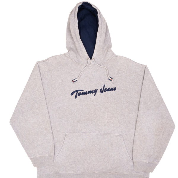 Vintage Tommy Hilfiger Jeans Embroidered Grey Hoodie Sweatshirt Size Large