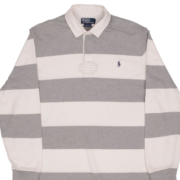 Vintage Ralph Lauren Grey & White Striped Rugby Polo Shirt 1990S Size XL