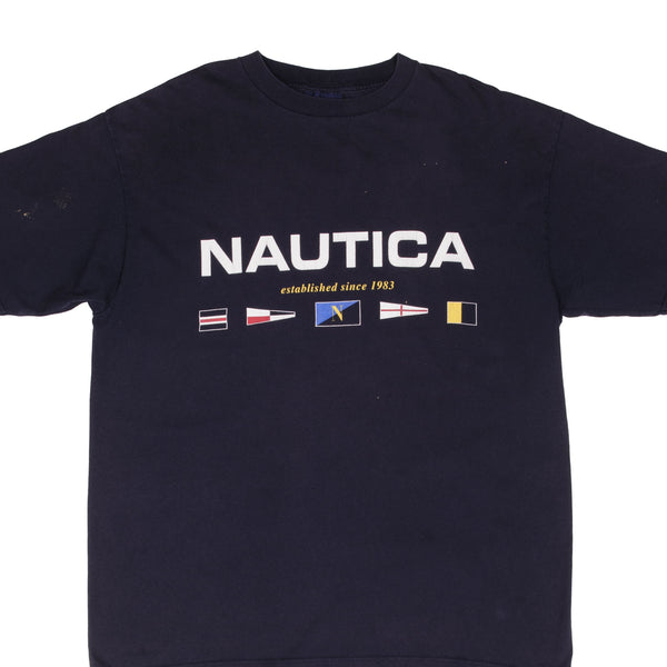 Vintage Nautica Spellout Blue Tee Shirt 1990S Size Medium Made In Usa