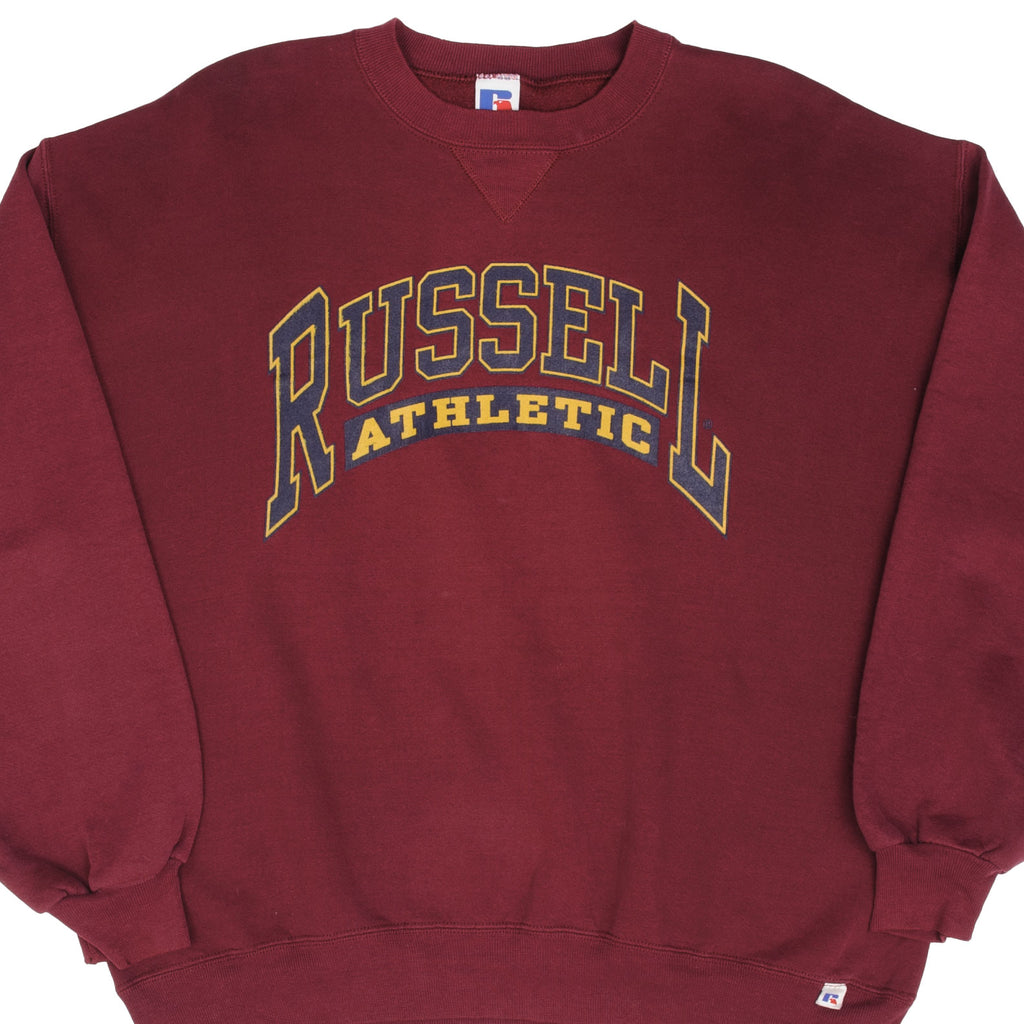 Vintage Russell Athletic Spellout Red Burgundy Sweatshirt 1990S XL Made In Usa