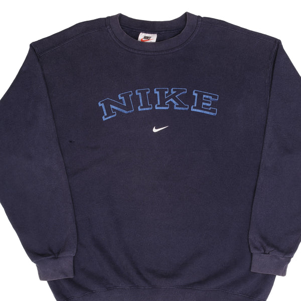 Vintage Nike Spellout Swoosh Navy Blue Sweatshirt 1990S Size Large Made In Usa