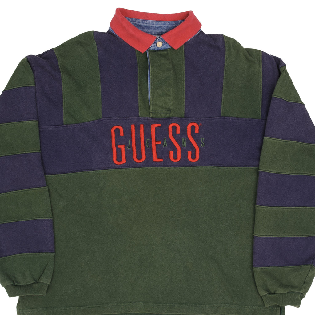 Vintage Guess Jeans Green & Blue Rugby Polo Shirt 1990S Size Large