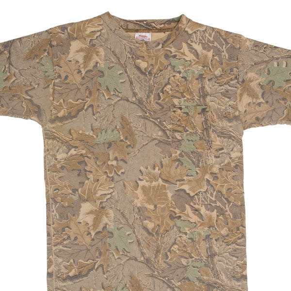 Vintage Hunting Advantage Camo Wrangler Pocket Tee Shirt 1990S Size Medium Made In USA With Single Stitch Sleeves