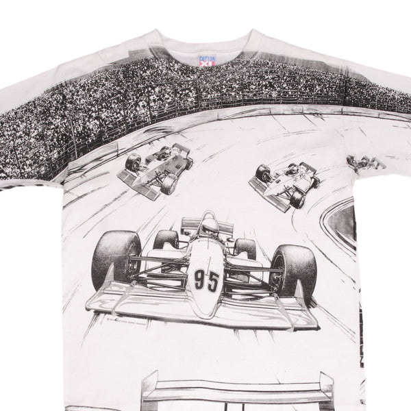 Vintage Racing All Over Print Indy Cars 1995 Tee Shirt Size XL Made In Usa With Single Stitch Sleeves