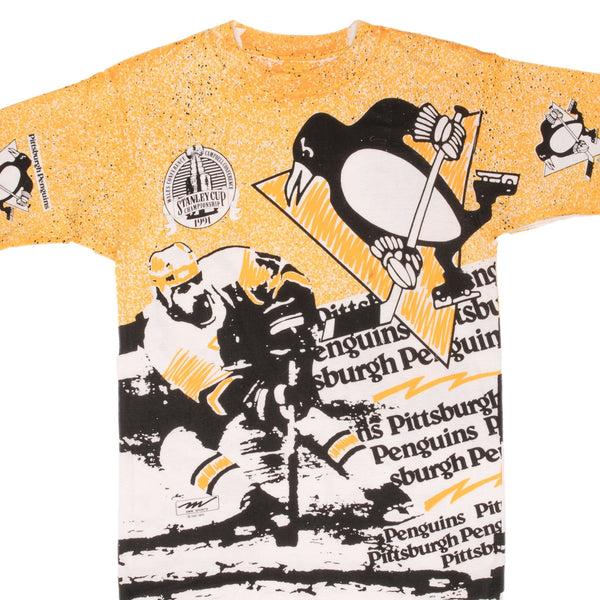 Vintage Nhl Pittsburgh Penguins Stanley Cup Champions 1991 All Over Print Tee Shirt Size Medium With Single Stitch Sleeves