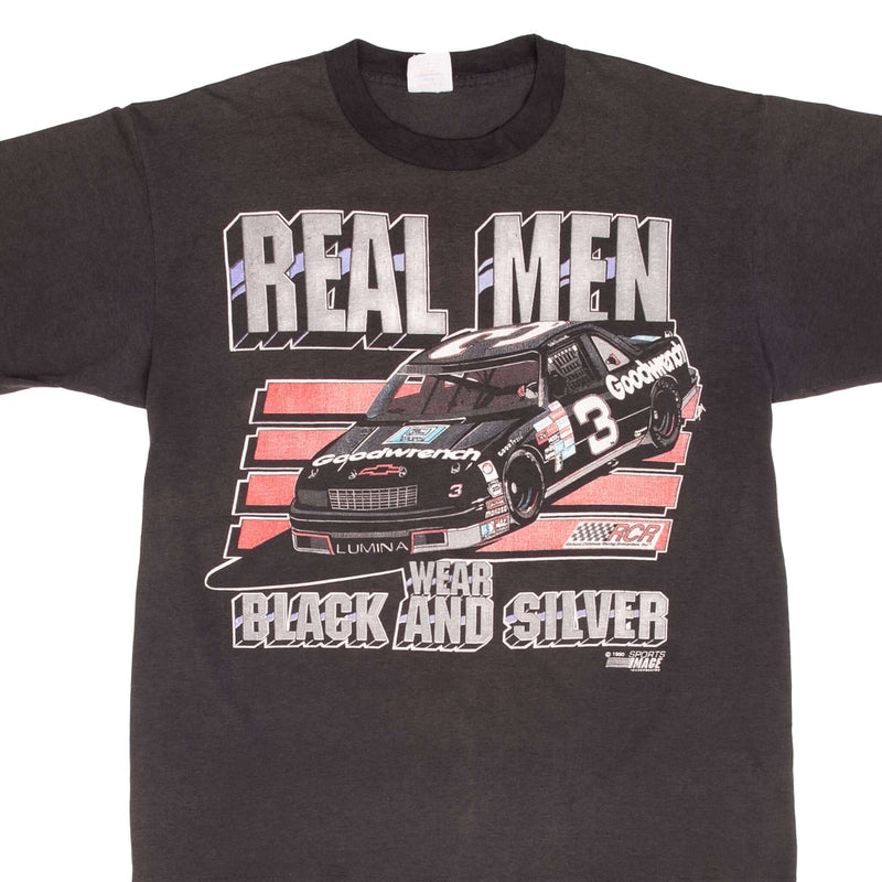 Vintage Nascar Dale Earnhardt Real Men Wear Black and Silver 1990 Tee Shirt Size Large Made In Usa With Single Stitch Sleeves