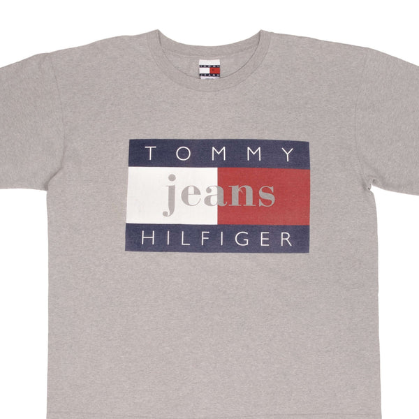 Vintage Tommy Jeans Hilfiger Spellout Grey Tee Shirt 1990S Size Large Made In USA