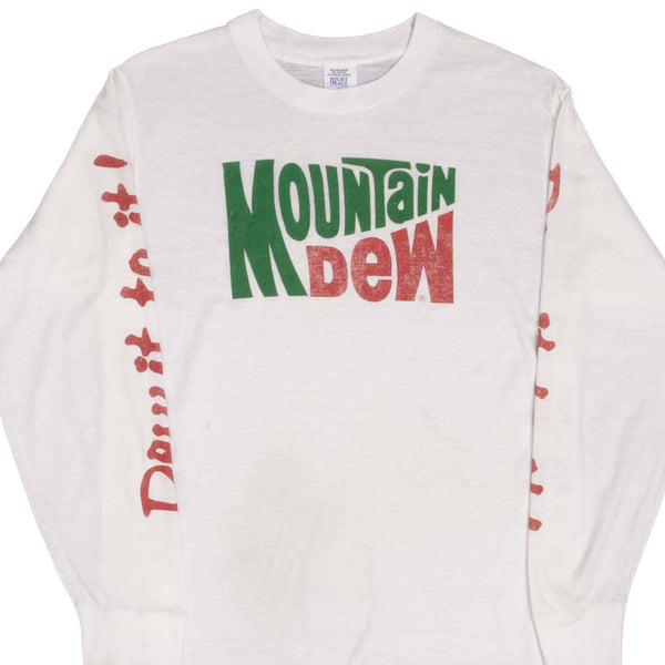 Vintage Moutain Dew Long Sleeve Tee Shirt 1980s Size Medium Made In USA With Single Stitch Sleeves