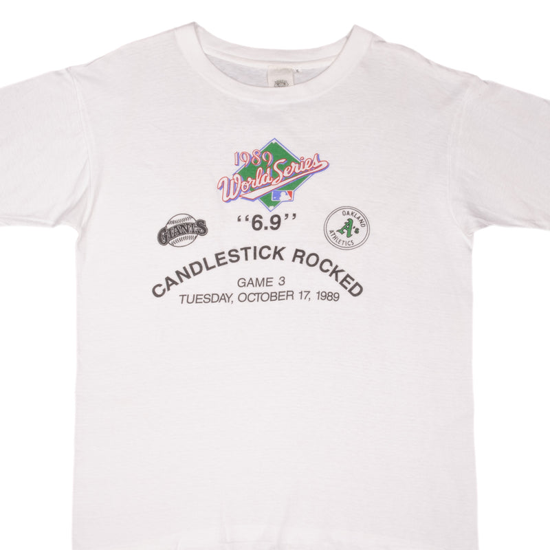 CAMISETA ANTIGUA DE LA SERIE MUNDIAL DE 1989 DE LA MLB OAKLAND ATHLETICS VS SF GIANTS, TALLA GRANDE