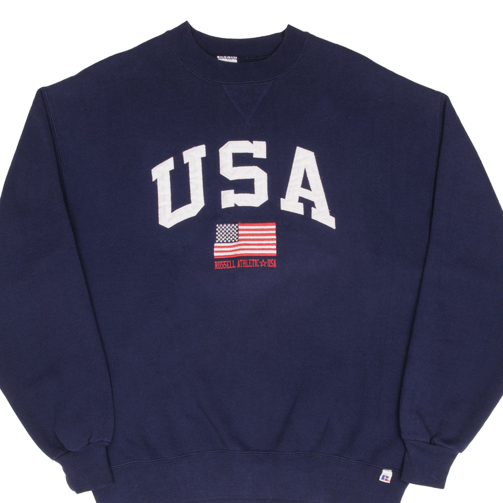 Vintage Russell Athletic Usa Flag Navy Blue Sweatshirt 1990S Size Large Made In USA