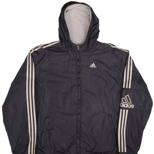 Vintage Adidas Dark Grey Nylon Heavy Windbreaker Hooded Jacket 2000S Size XL