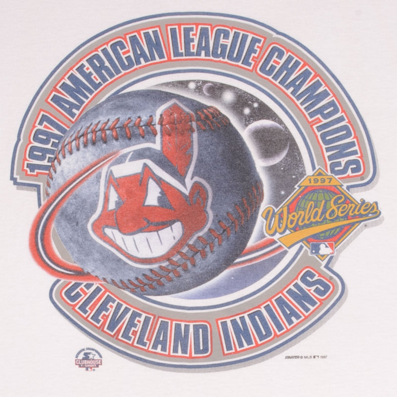 Vintage MLB Cleveland Indians American League Champions World Series 1997 Tee Shirt Size XL Made In USA With Single Stitch Sleeves