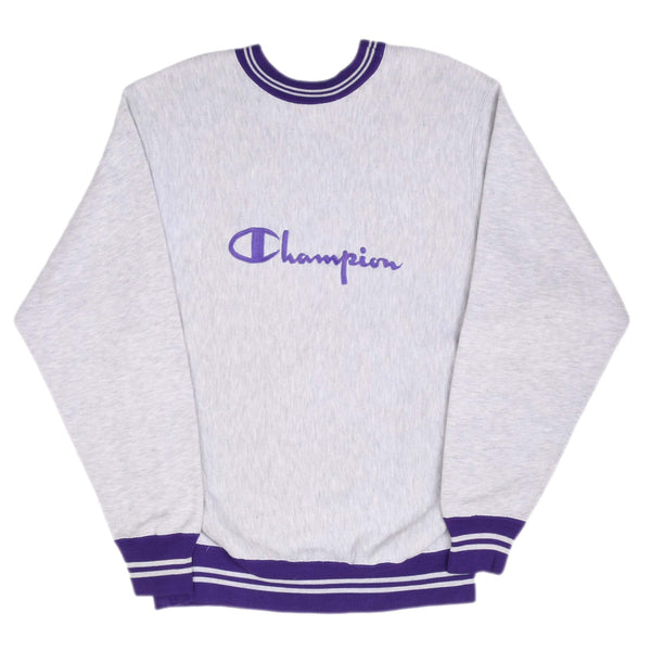 Vintage Champion Reverse Weave Spellout Grey and Purple Sweatshirt 1990S Size Large Made In Usa