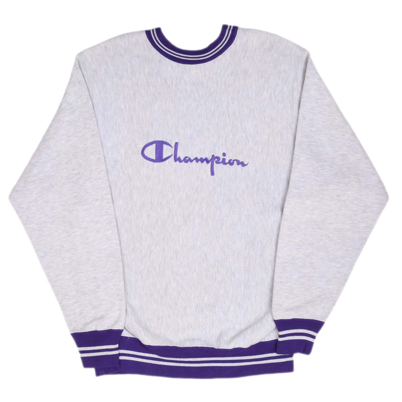 Vintage Champion Reverse Weave Spellout Grey and Purple Sweatshirt 1990S Size Large Made In Usa