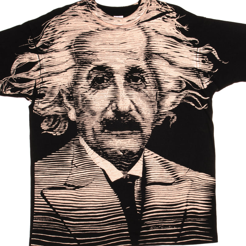 Vintage All Over Print Albert Einstein Imagination is more important than knowledge 1990S Tee Shirt Size XL Made In USA