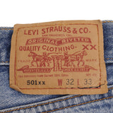 Vintage Levis 501 Indigo Jeans With Light Wash and Beautiful Whiskers 1990S Size 31X30 Made In Usa Size on Tag 32X33 Actual Size 31X30 Back button #552