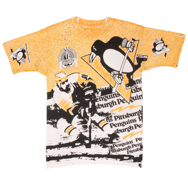 Vintage Nhl Pittsburgh Penguins Stanley Cup Champions 1991 All Over Print Tee Shirt Size Medium With Single Stitch Sleeves