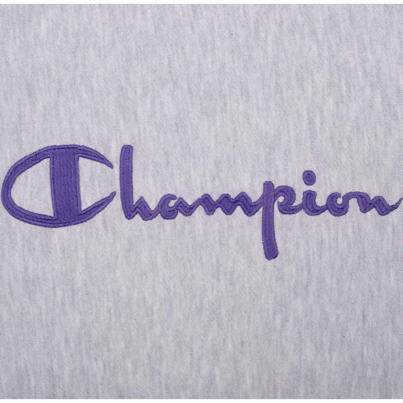 Vintage Champion Reverse Weave Spellout Grey and Purple Sweatshirt 1990S Size Large Made In Usa