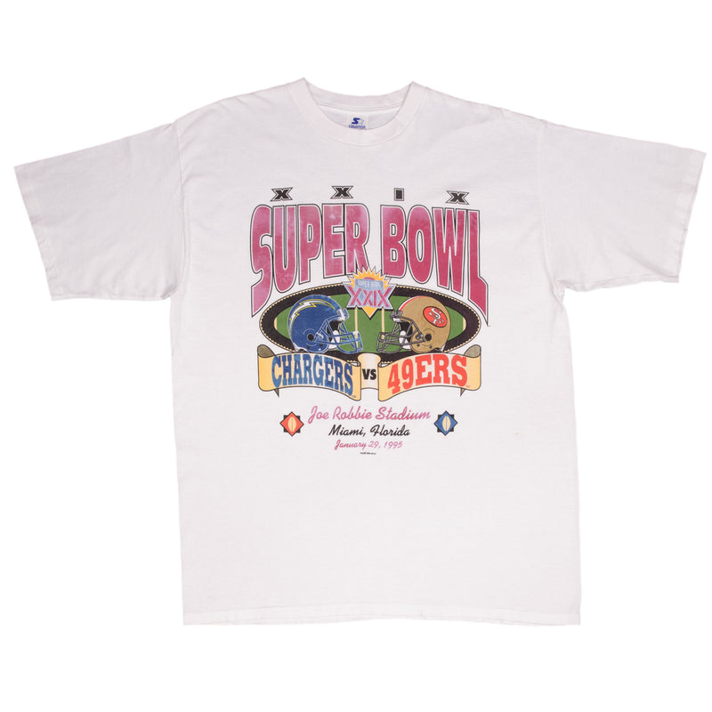 Vintage NFL San Diego Chargers Vs San Francisco 49ers Super Bowl XXIX 1995 1994 Tee Shirt Size XL Made In USA With Single Stitch Sleeves