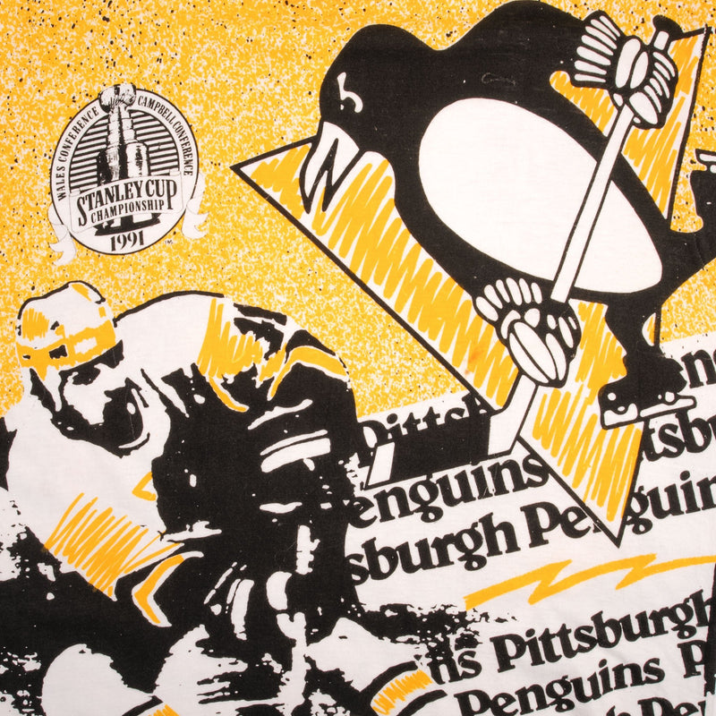 Vintage Nhl Pittsburgh Penguins Stanley Cup Champions 1991 All Over Print Tee Shirt Size Medium With Single Stitch Sleeves