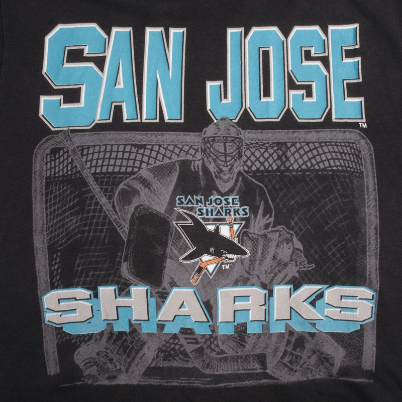 Vintage NHL San Jose Sharks Tee Shirt 1990s Size Medium With Single Stitch Sleeves. Made In USA. Stedman 