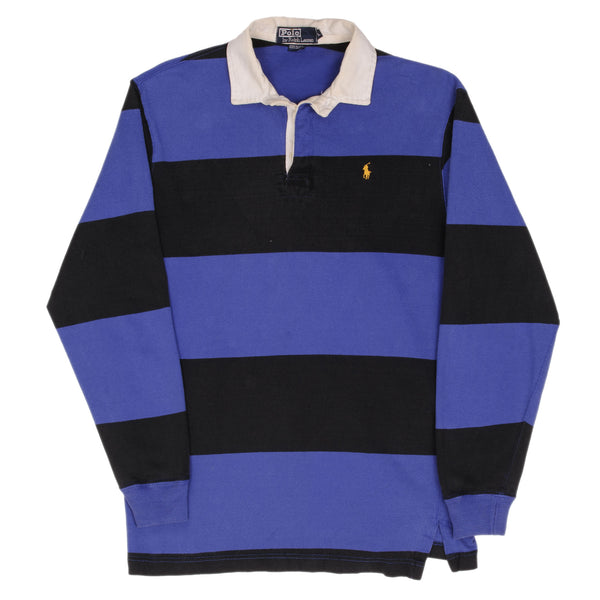 Vintage Polo Ralph Lauren Black & Blue Rugby Polo Shirt Striped 1990S Size Large Made In USA