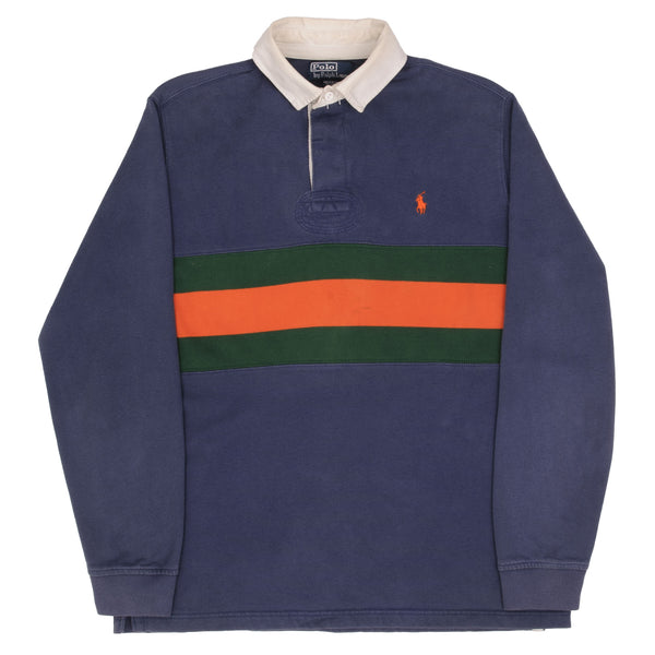 Vintage Ralph Lauren Blue Green Orange Striped Rugby Polo Shirt 1990S Size Medium