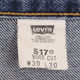 Beautiful Indigo Levis 517 Jeans 1990s Made in USA with Medium Dark Blue Wash With Beautiful Whiskers.  Size on tag 30X30  Back Button #554