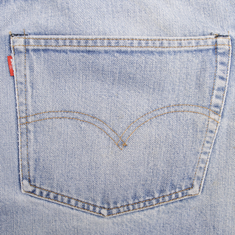 Beautiful Indigo Levis 501 Jeans with Selvedge Redline 1970S Made in USA. Amazing Wash with a light blue wash with some light whiskers.  Size Tags is 42X33 Actual Size is 40X30  Back Button #6