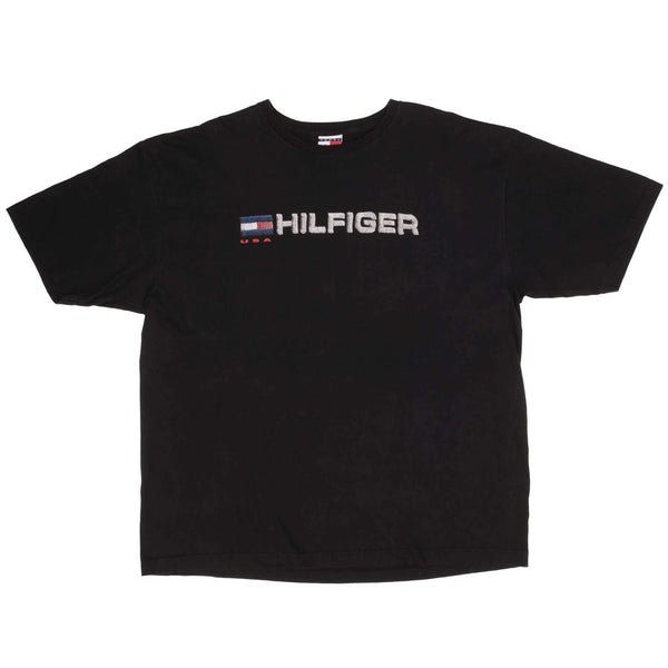 Vintage Tommy Hilfiger Spellout Black Tee Shirt 1990S Size 2XL Made In USA