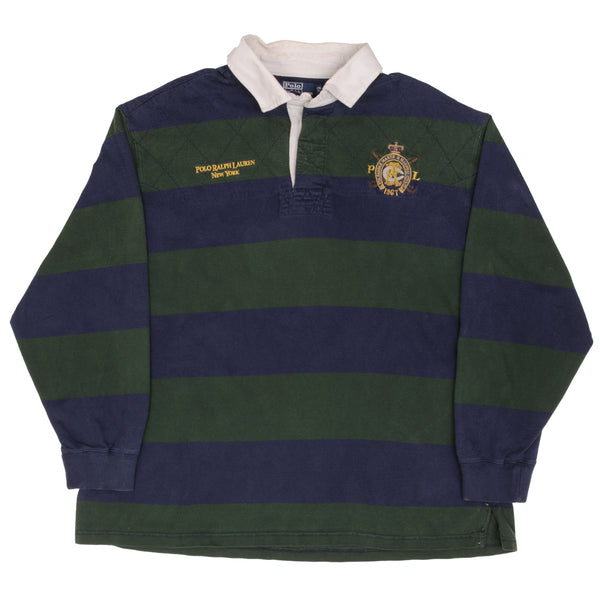Vintage Ralph Lauren New York Blue & Green Striped Rugby Polo Shirt 1990S Size 2XL Big