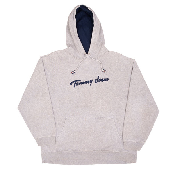 Vintage Tommy Hilfiger Jeans Embroidered Grey Hoodie Sweatshirt Size Large