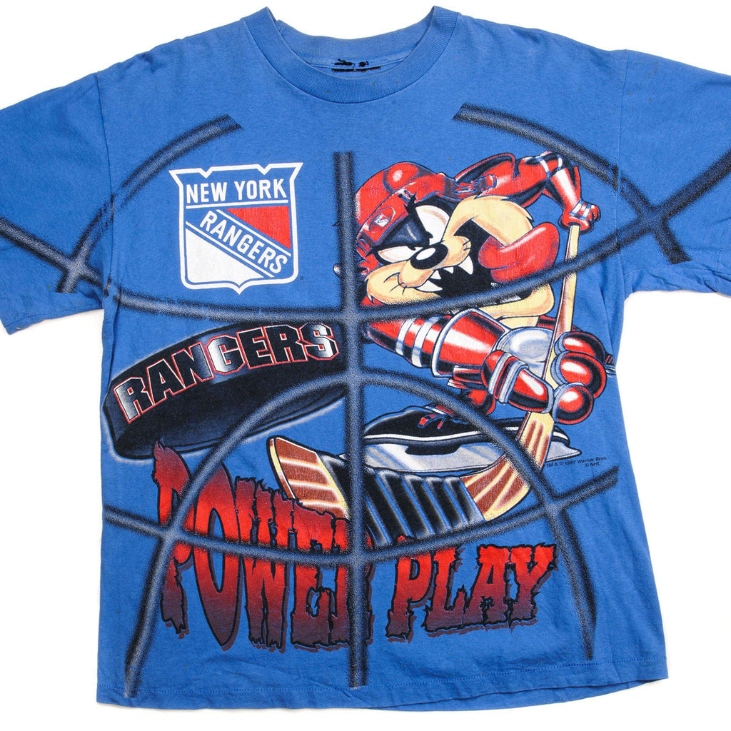 CAMISETA VINTAGE DE LA NHL DE LOS NEW YORK RANGERS CON LOONEY TUNES Y TAZ, TALLA GRANDE