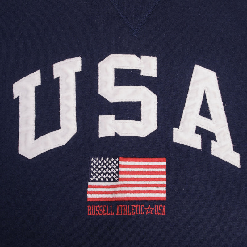 Vintage Russell Athletic Usa Flag Navy Blue Sweatshirt 1990S Size Large Made In USA