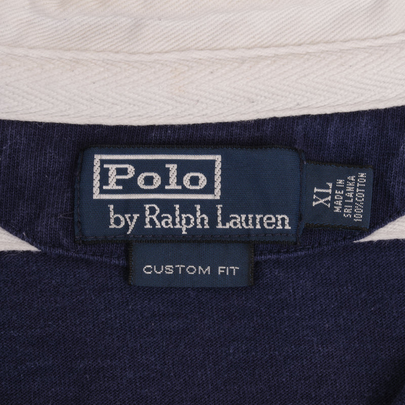 Vintage Ralph Lauren Blue & White Striped Rugby Polo Shirt 1990S Size XL