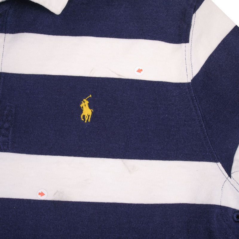 VINTAGE RALPH LAUREN BLUE & WHITE STRIPED RUGBY POLO SHIRT 1990S SIZE XL