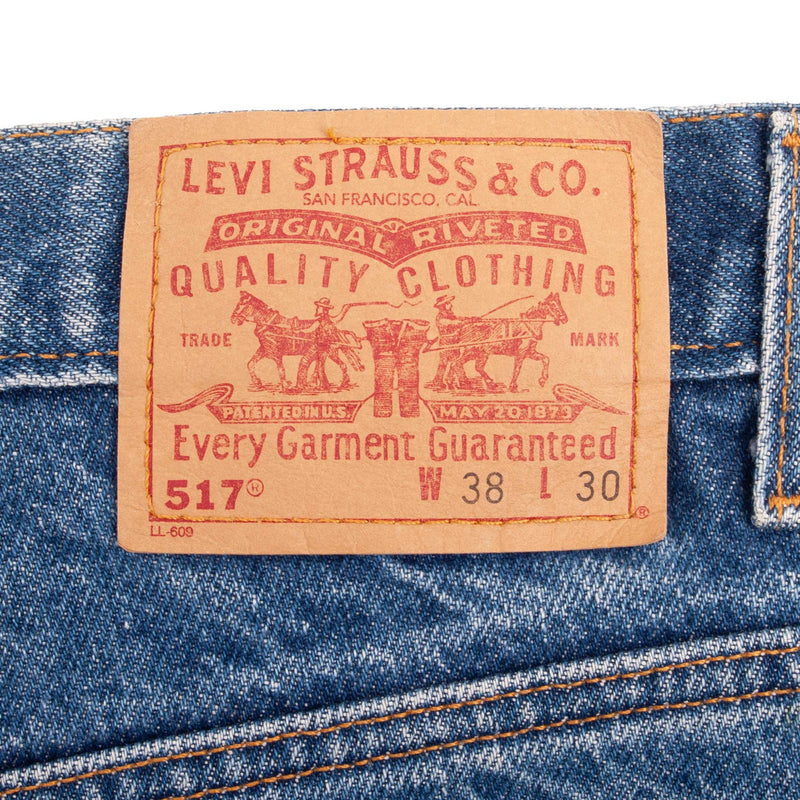 Beautiful Indigo Levis 517 Boot Cut Jeans 1980s with Medium Blue Wash With Beautiful Whiskers.

Size on tag 38X30 (same actual Size)

Back Button #411M

Size on tag 38X30 (same actual Size)

Back Button #411M