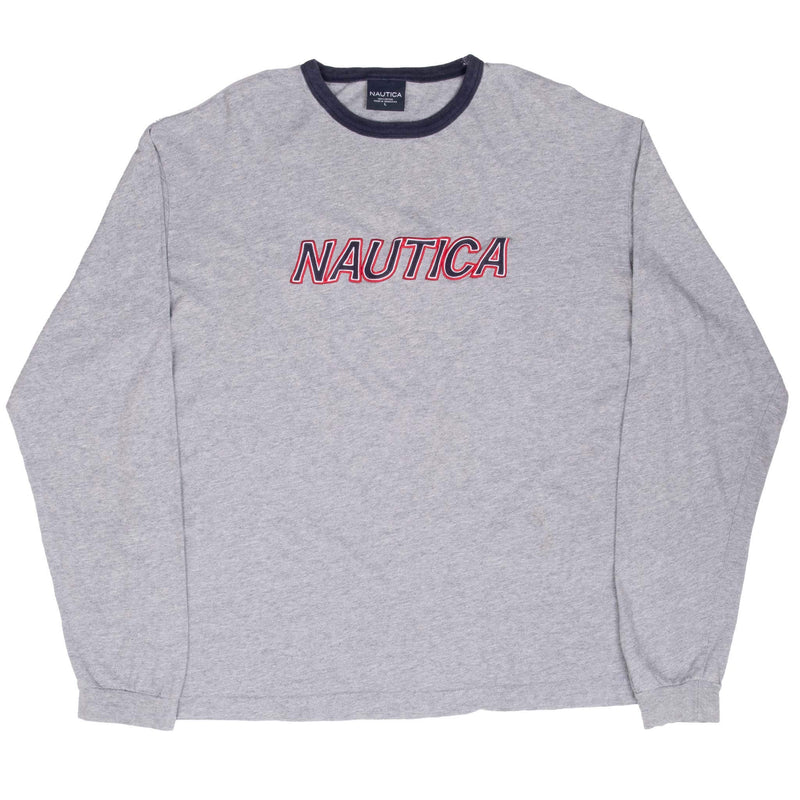 Vintage Nautica Embroidered Grey Long Sleeve Tee Shirt 2000S Size Large