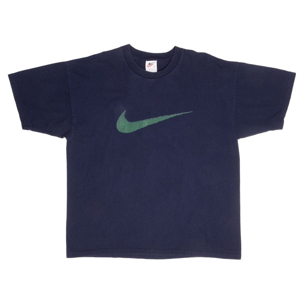 Vintage Nike Big Green Swoosh Navy Blue Tee Shirt Late 1990s Size XL Made In USA.